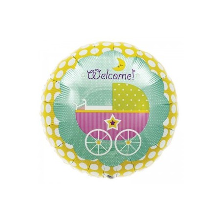 BALLON METALLIQUE ROND WELCOME BABY BUGGY 46CM