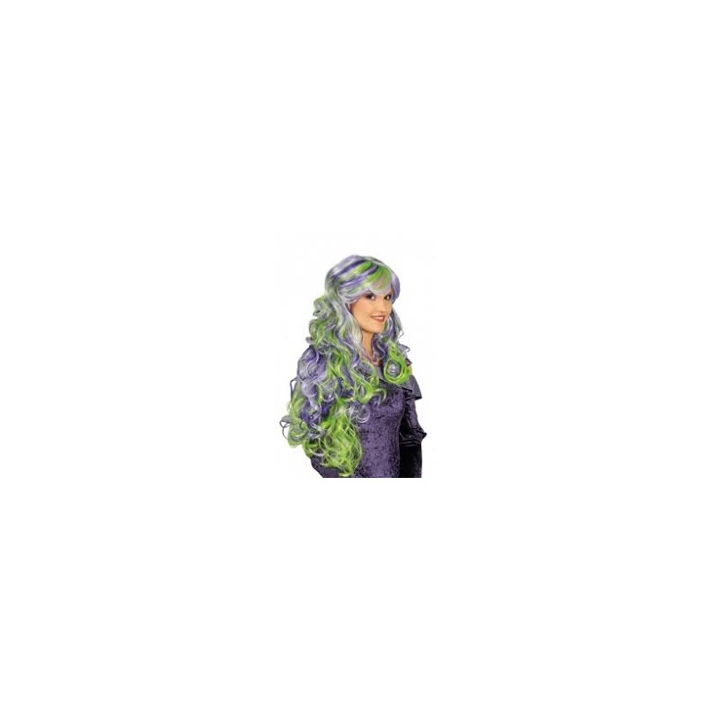 LONGUE PERRUQUE BOUCLE MECHE VERTE ET VIOLETTE