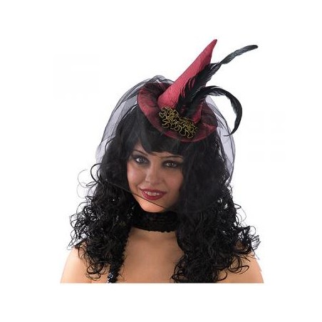 PETIT CHAPEAU DE SORCIERE BORDEAU AVEC PLUMES ET VOILE