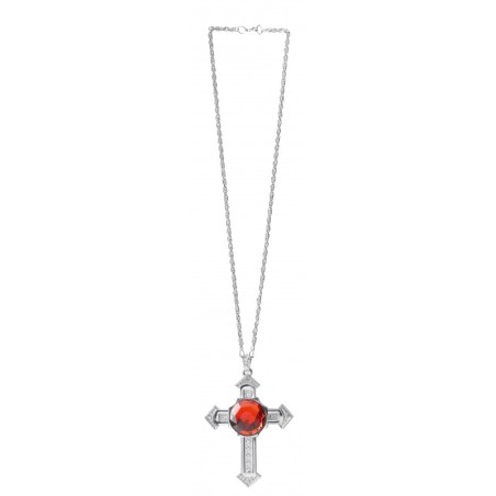 COLLIER EN RUBAN ROUGE AVEC CROIX ARGENT