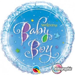 BALLON METALLIQUE ROND WELCOME BABY BOY BLEU 46CM