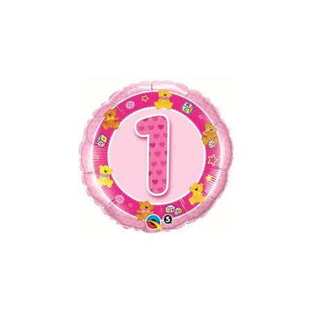 BALLON METALLIQUE ROND 1 AN ROSE TEDDIES 46 CM