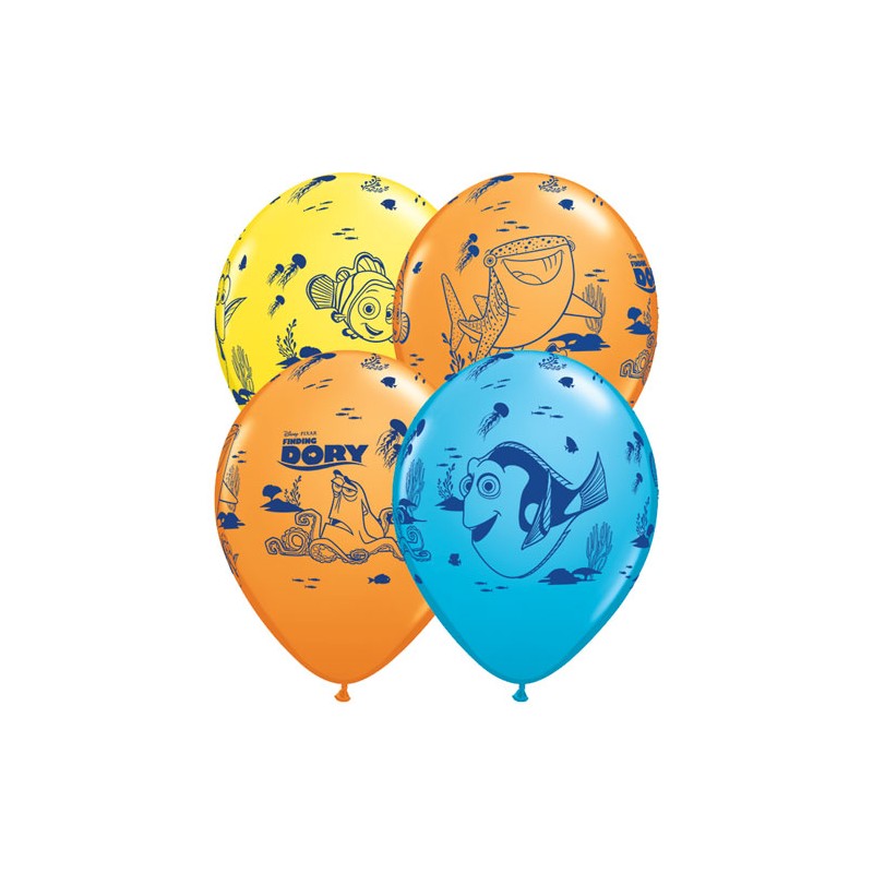 25 BALLONS QUALATEX IMPRIMES DORY ET NEMO JAUNE BLEU ORANGE ASSORTIS