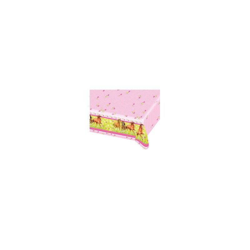 NAPPE PLASTIFIEE CHEVAL BRUN SUR FOND FUSCHIA ET ANIS 120 X 180 CM NAPPE PLASTIFIEE CHEVAL BRUN SUR FOND FUSCHIA ET ANIS 120 X 180 CM