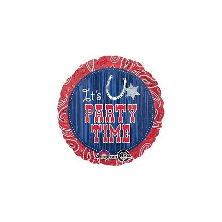 BALLON METALLIQUE ROND PARTY TIME WESTERN 43CM ROUGE ET BLEU