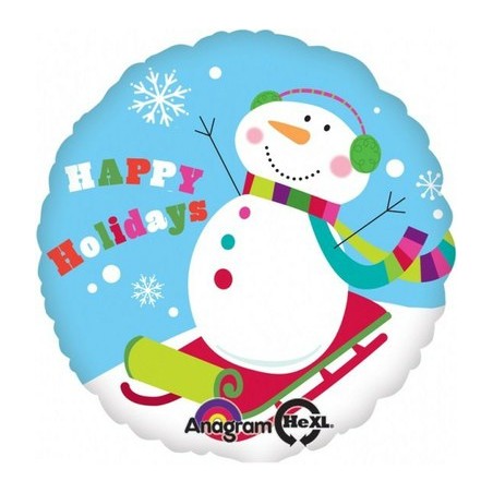 BALLON METALLIQUE ROND 43CM BONHOMME DE NEIGE EN LUGE