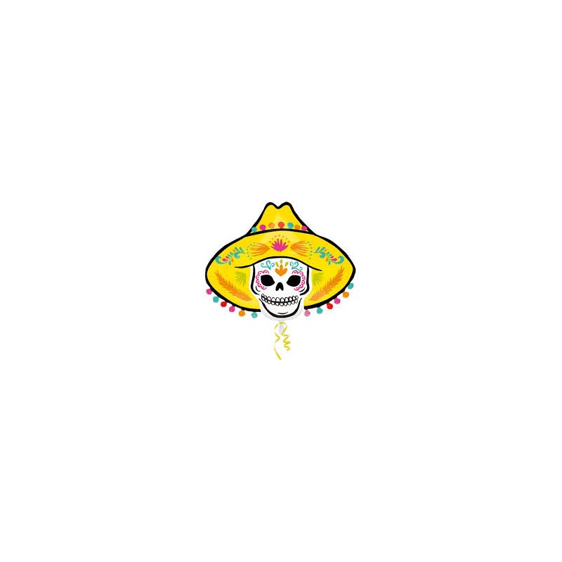 BALLON METALLIQUE  TETE DE MORT CHAPEAU MEXICAIN