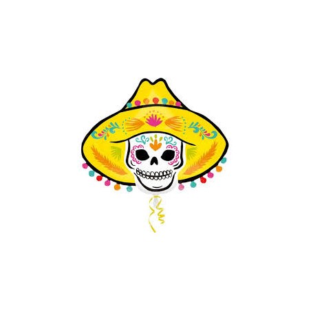 BALLON METALLIQUE  TETE DE MORT CHAPEAU MEXICAIN