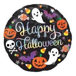 BALLON ROND HAPPY HALLOWEEN CITROUILLES FANTOMES ET PETITS SQUELETTES