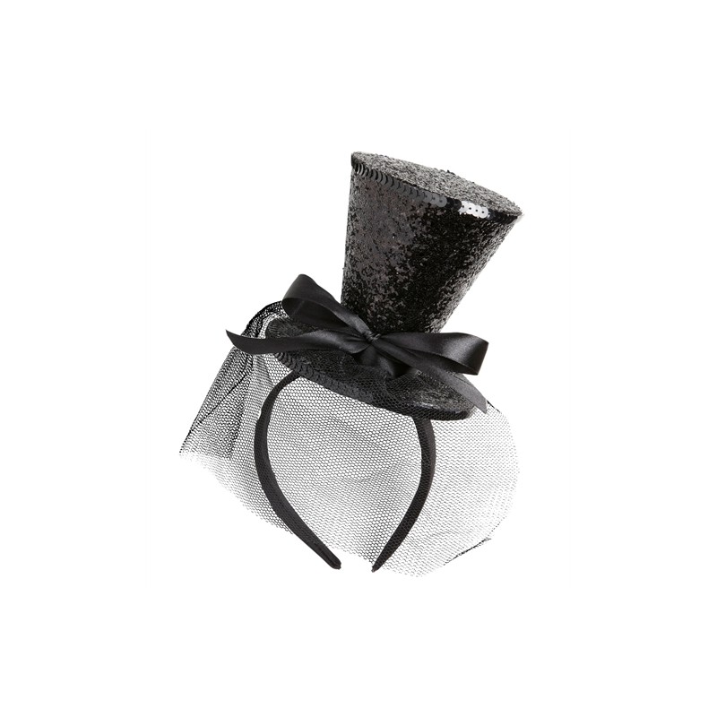 PETIT CHAPEAU HAUT DE FORME SUR SERRE TETE NOIR A PAILLETTES
