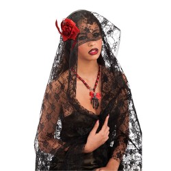 COIFFE VOILE DENTELLE NOIRE AVEC UNE ROSE ROUGE