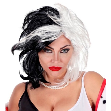 PERRUQUE CRUELLA NOIRE ET BLANCHE CHEVEUX LISSES