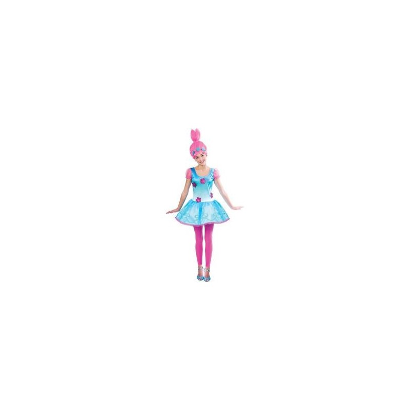 DEGUISEMENT LES TROLLS ROBE BLEUE PERRUQUE ROSE TAILLE 10/12 ANS