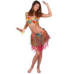 JUPE HAWAIENNE COURTE PAILLE  MULTICOLORE SUR FOND ROSE