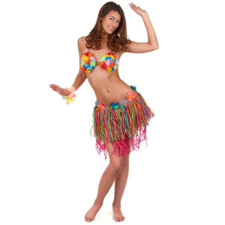 JUPE HAWAIENNE COURTE PAILLE  MULTICOLORE SUR FOND ROSE