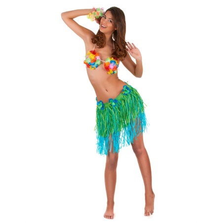 JUPE HAWAIENNE VERTE ET BLEUE  COURTE 