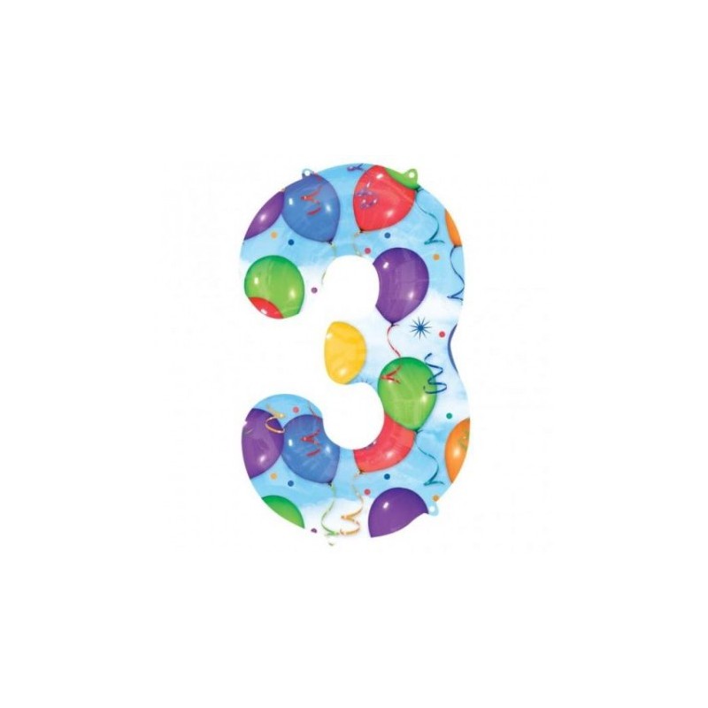 BALLON METALLIQUE CHIFFRE 3 MULTICOLORE ANNIVERSAIRE 86 CM