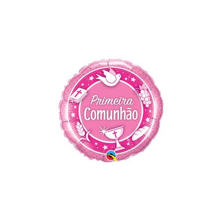 BALLON ROND METALLIQUE PRIMEIRA COMUNHAO ROSE 46 CM