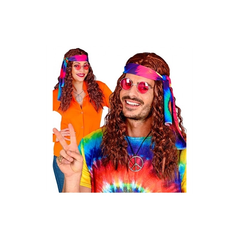 PERRUQUE HIPPIE MARRON AVEC BANDEAU TIE DYE