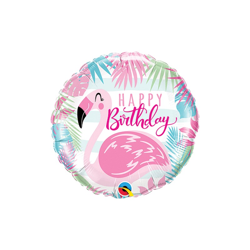BALLON METALLIQUE ROND HAPPY BIRTHDAY AVEC FLAMANT ROSE 46 CM 