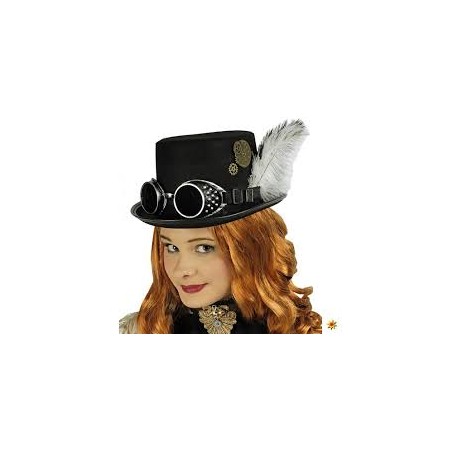 HAUT DE FORME NOIR AVEC LUNETTES STEAMPUNK