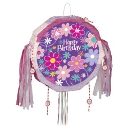 PINATA RONDE HAPPY BIRTHDAY VIOLETTE ET ROSE A TAPER OU A TIRER