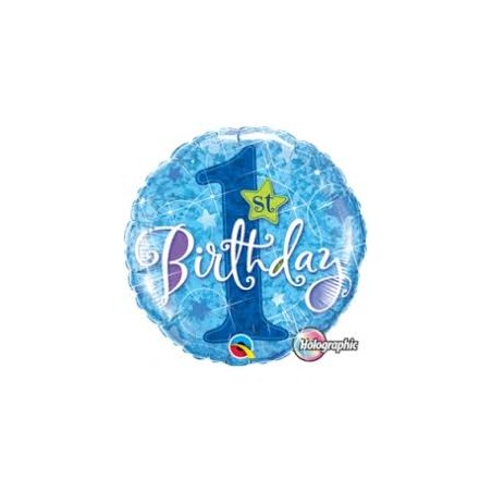 BALLON METALLIQUE ROND 1ST BIRTHDAY BLEU HOLLOGRAPHIC 46 CM