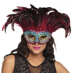 MASQUE LOUP BRILLANT BLEU AVEC PLUMES ROUGE 