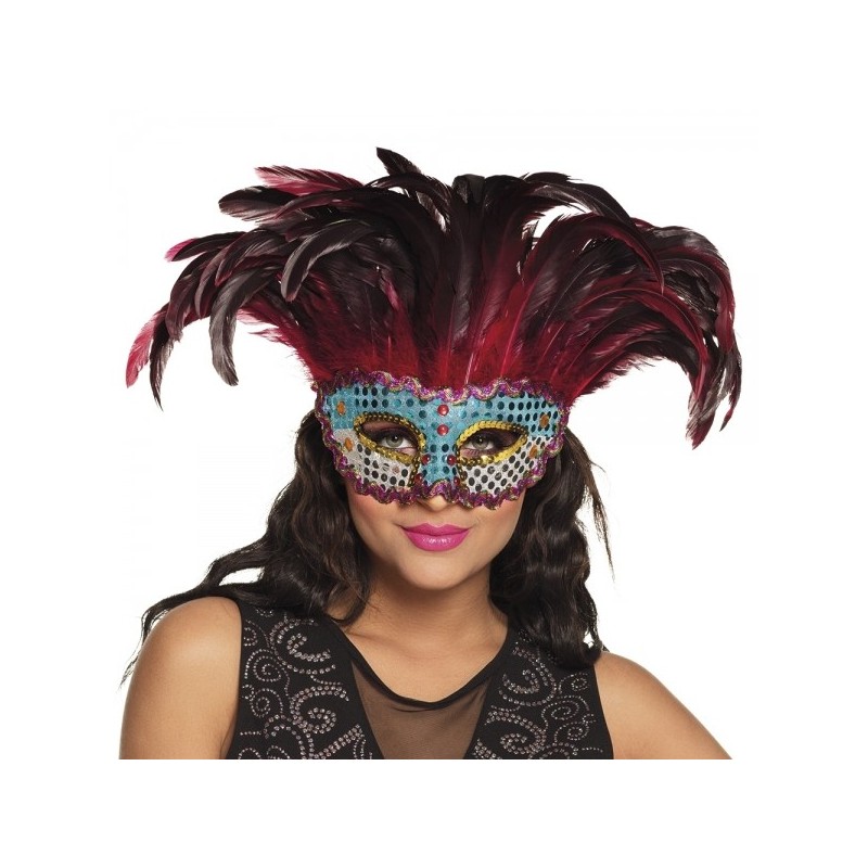 MASQUE LOUP BRILLANT BLEU AVEC PLUMES ROUGE MASQUE LOUP BRILLANT BLEU AVEC PLUMES ROUGE