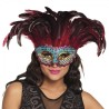 MASQUE LOUP BRILLANT BLEU AVEC PLUMES ROUGE 