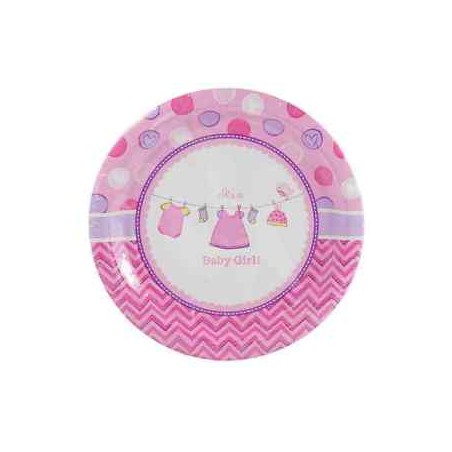 8 ASSIETTES RONDES IT'S A BABY GIRL 17,8 CM ROSE
