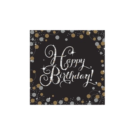 16 SERVIETTES HAPPY BIRTHDAY 33 X 33 CM NOIR ARGENT ET OR