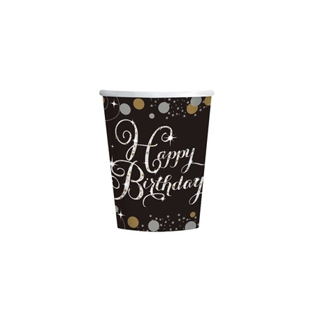 8 GOBELETS HAPPY BIRTHDAY NOIR OR ARGENT 266 ML