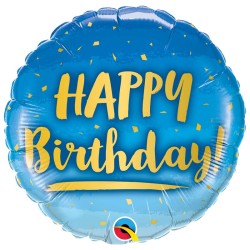 BALLON METALLIQUE ROND HAPPY BIRTHDAY OR ET BLEU 46 CM