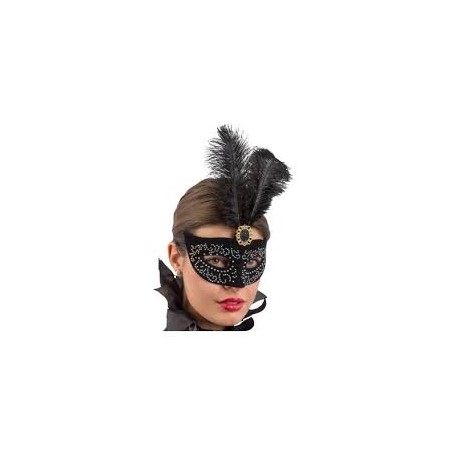 DEMI-MASQUE LOUP NOIR AVEC PAILLETTE ARGENT ET PLUMES NOIR