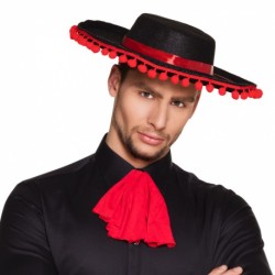 CHAPEAU ESPAGNOL NOIR AVEC POMPOM ROUGE 