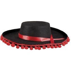 CHAPEAU ESPAGNOL NOIR AVEC POMPOM ROUGE 