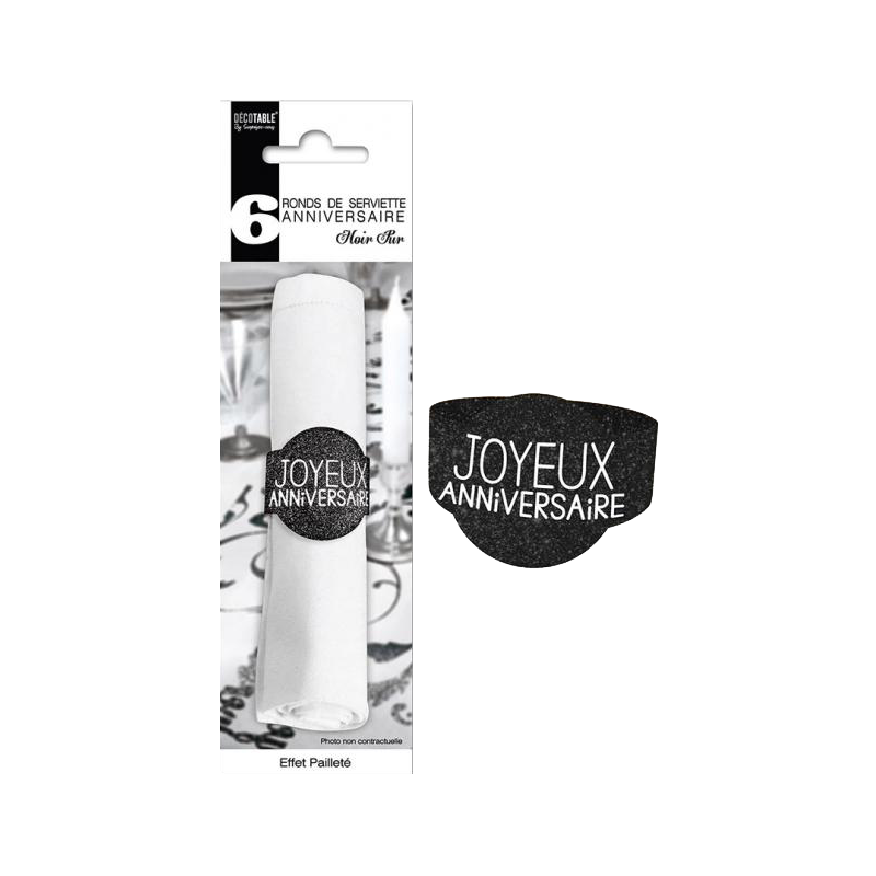 6X RONDS DE SERVIETTE NOIR JOYEUX ANNIVERSAIRE 6X RONDS DE SERVIETTE NOIR JOYEUX ANNIVERSAIRE