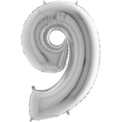 BALLON METALLIQUE CHIFFRE 9 ARGENT 35 CM