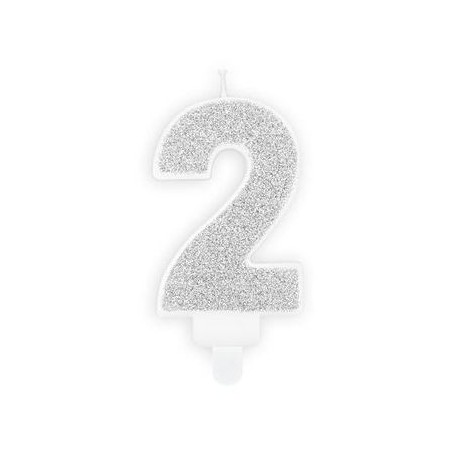 BOUGIE CHIFFRE 2 PAILLETTE ARGENT 7 CM