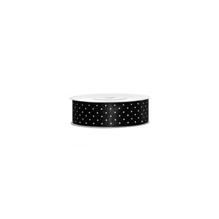 RUBAN SATIN NOIR POIS BLANC 25 M X 25 MM