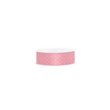 RUBAN SATIN ROSE POIS BLANC 25 M X 25 MM