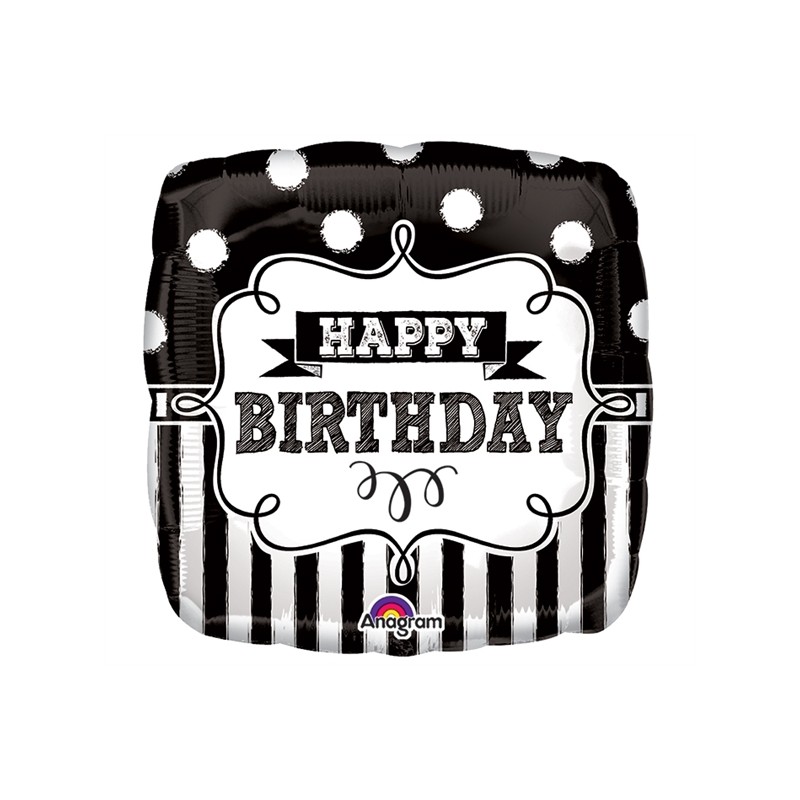 BALLON METALLIQUE CARRE NOIR ET BLANC ANNIVERSAIRE HAPPY BIRTHDAY 43 CM 