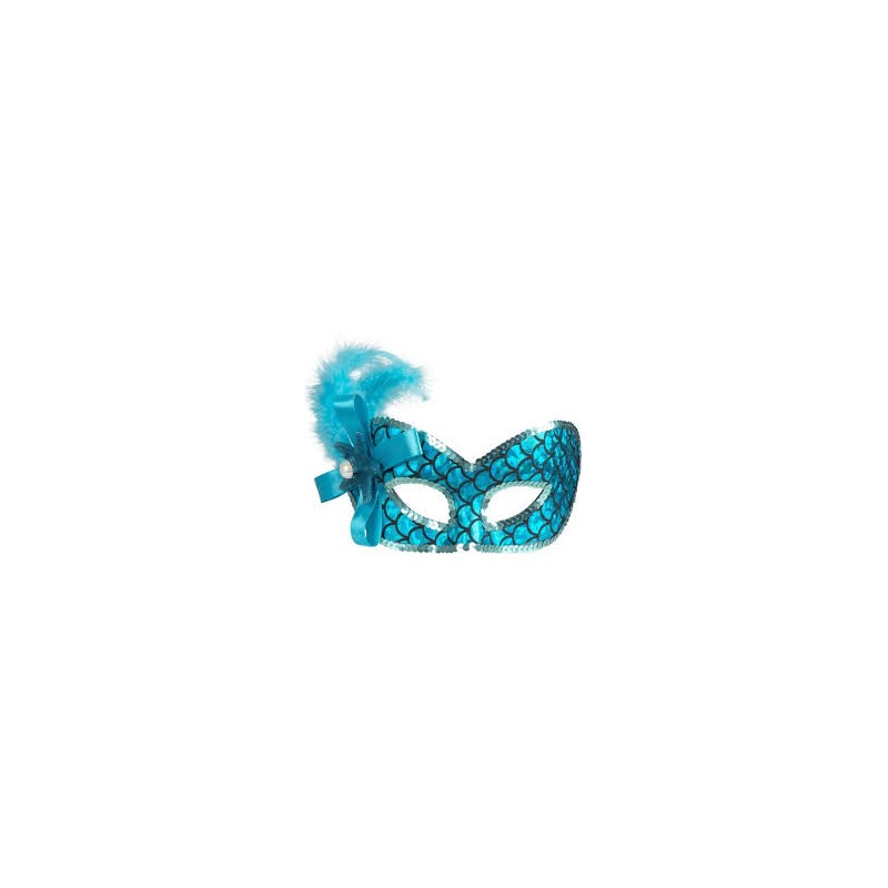 DEMI-MASQUE SIRENE EFFET ECAILLE BLEU AVEC PLUMES DEMI-MASQUE SIRENE EFFET ECAILLE BLEU AVEC PLUMES