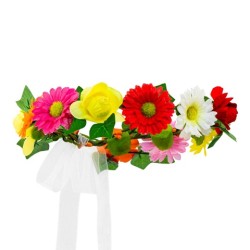 DIADEME BANDEAU OU TOUR DE TETE A FLEURS JAUNE ORANGE ET JAUNE ET RUBAN 