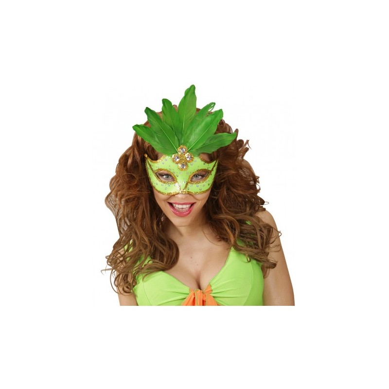 DEMI-MASQUE NEON VERT BRESIL AVEC PAILLETTES ET PLUMES DEMI-MASQUE NEON VERT BRESIL AVEC PAILLETTES ET PLUMES