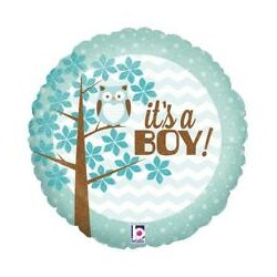 BALLON ROND METALLIQUE  IT'S A BOY HIBOU HOLO 46 CM 