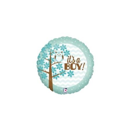 BALLON ROND METALLIQUE  IT'S A BOY HIBOU HOLO 46 CM 
