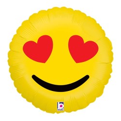 BALLON METALLIQUE ROND SMILEY AVEC COEUR AU YEUX 46 CM 