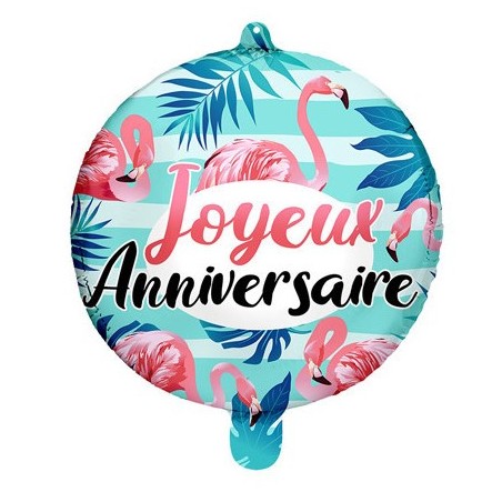 BALLON METALLIQUE ROND JOYEUX ANNIVERSAIRE FLAMANT ROSE 45 CM 